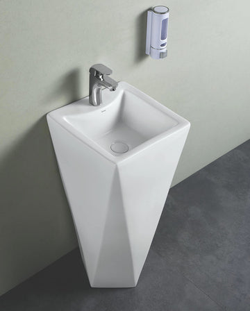 InArt ceramic pedestal wash basin, square free standing glossy white wash basin and pedestal for bathroom