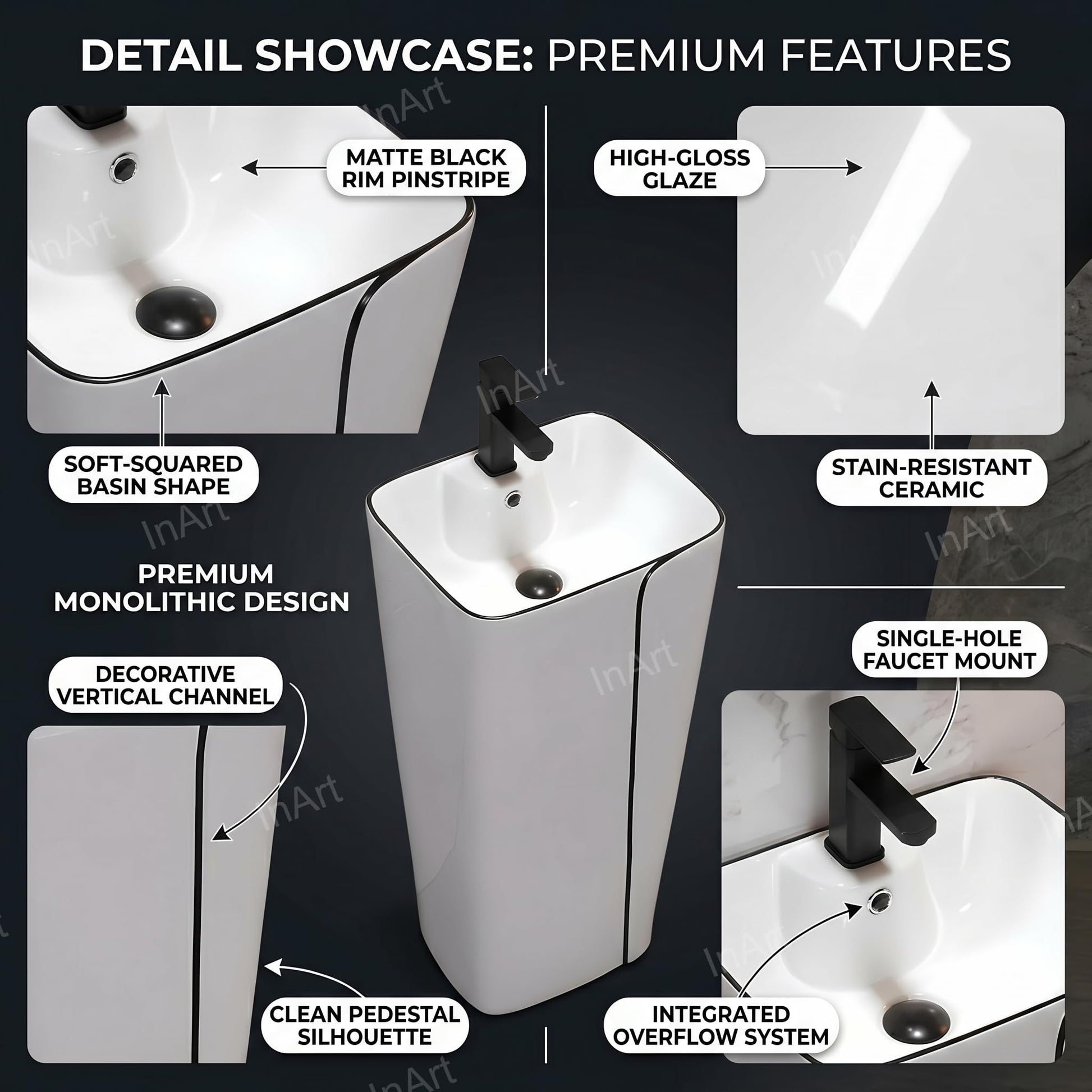 Modern pedestal wash basin for bathroom, glossy ceramic square floor standing wash basin side angle