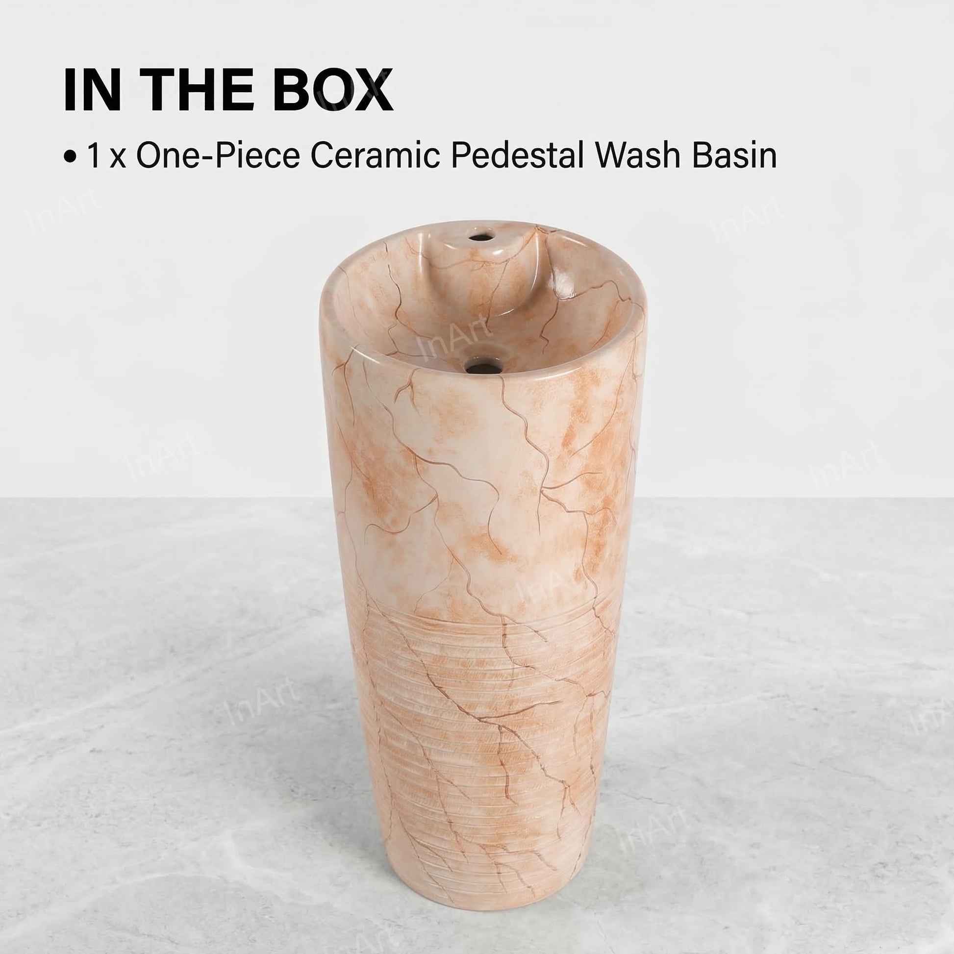 Wash basin for dining room and living room, free standing round ceramic pedestal basin in orange marble colour