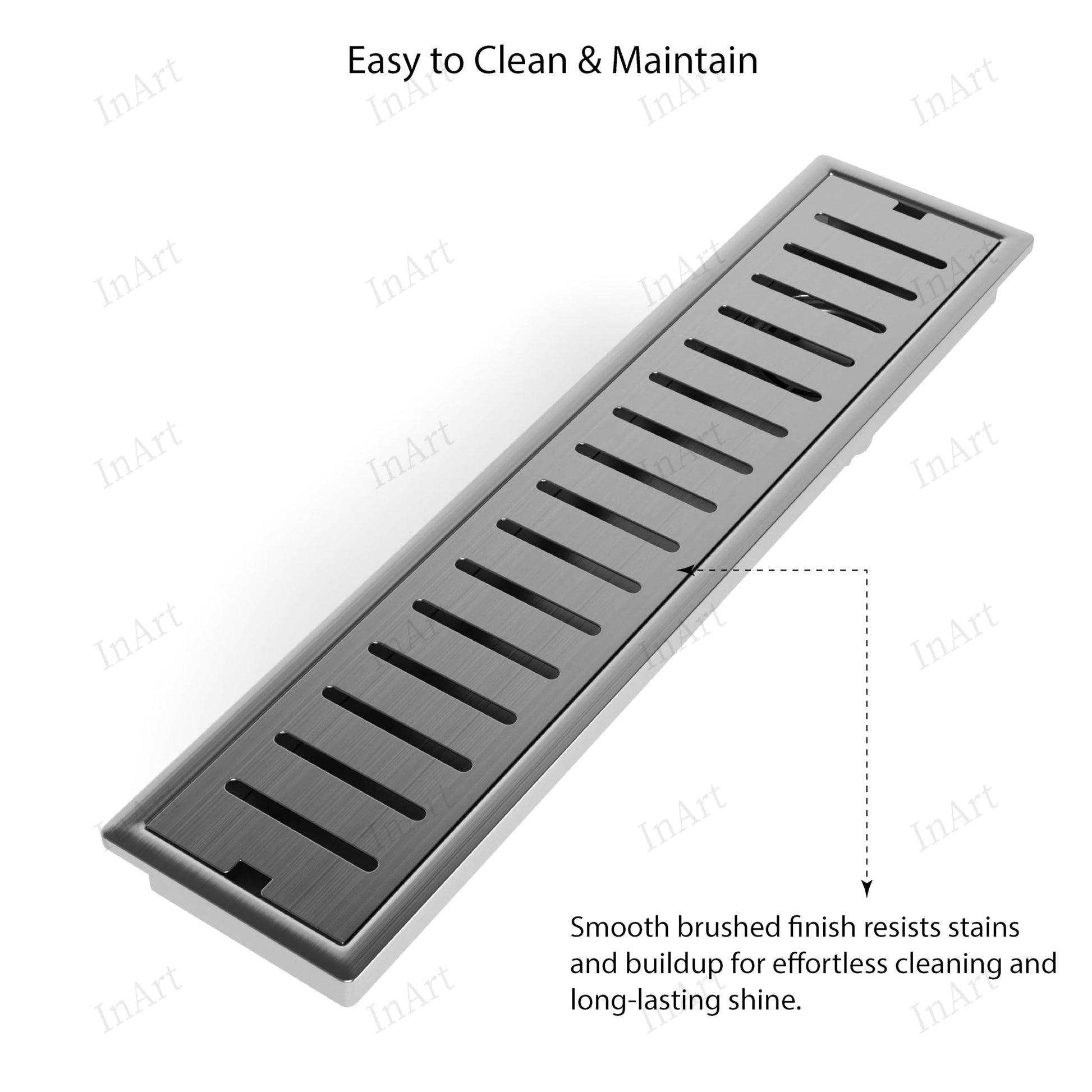 Close-up of side hole on 18x4 inch stainless steel linear shower drain channel for quick water outlet