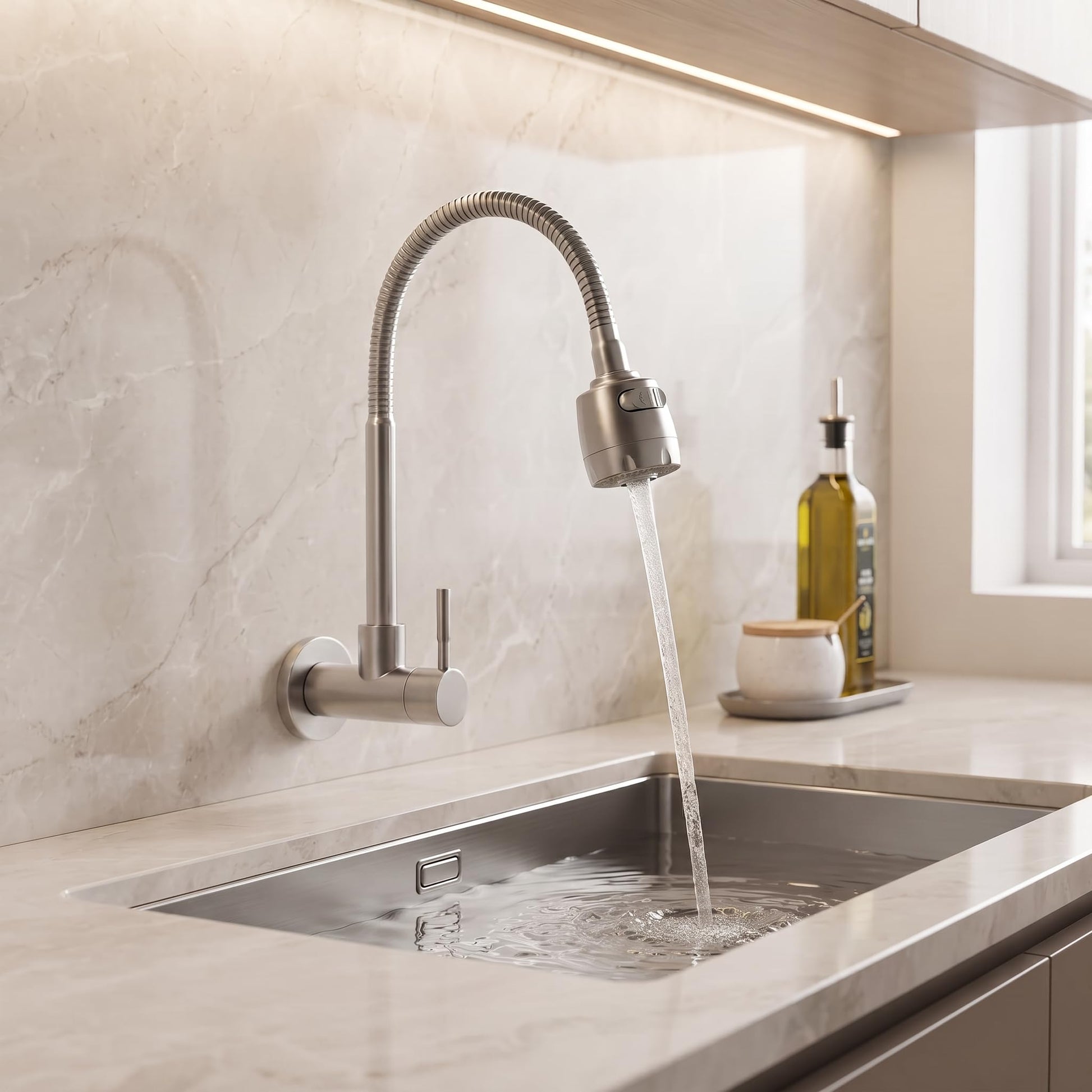 Modern brushed silver steel kitchen tap for kitchen wall plumbing connection