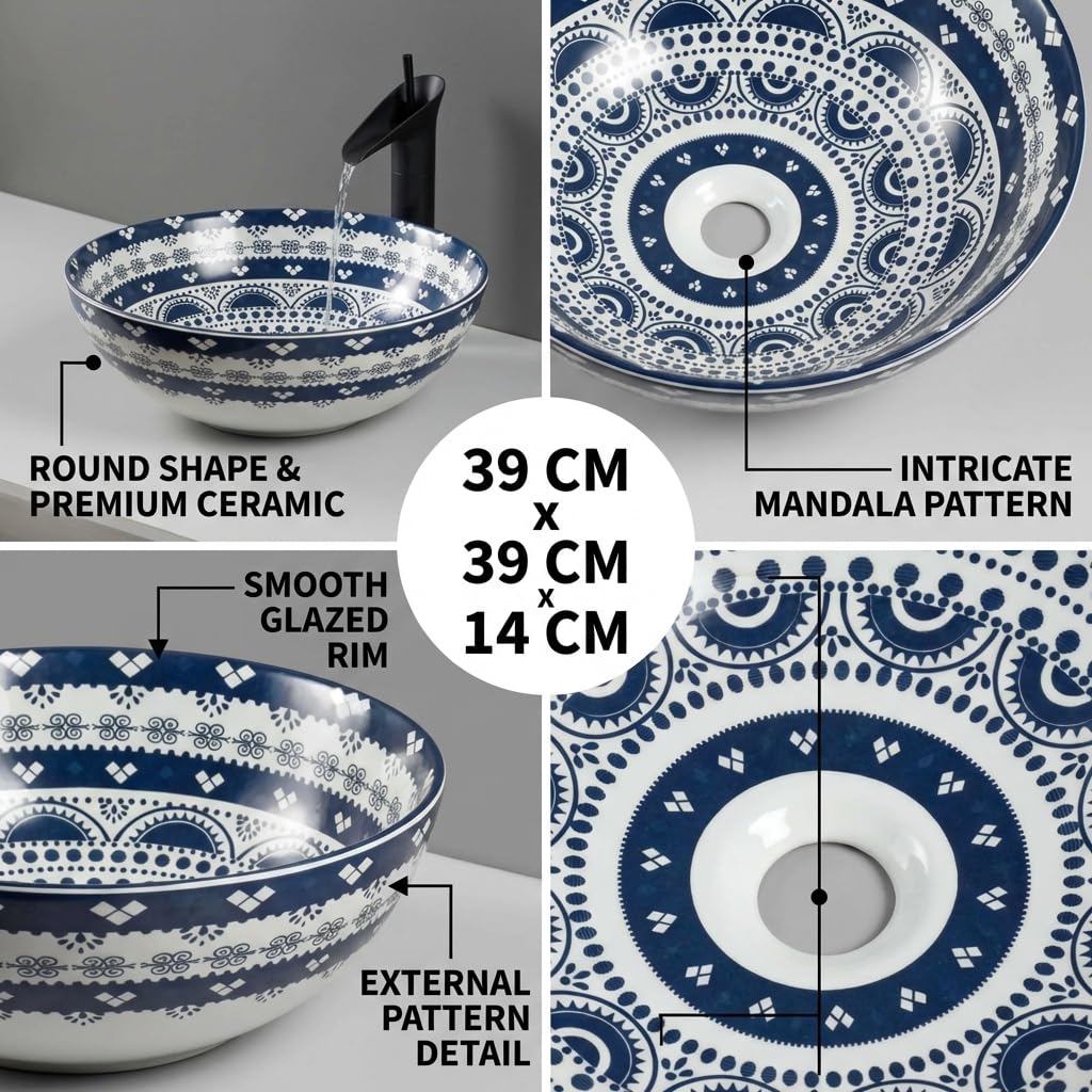 Round tabletop washbasin in Mexican blue ceramic, side angle showing deep bowl and smooth rim