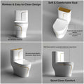 InArt single piece western toilet, front angle view of glossy white ceramic one piece commode with golden trim