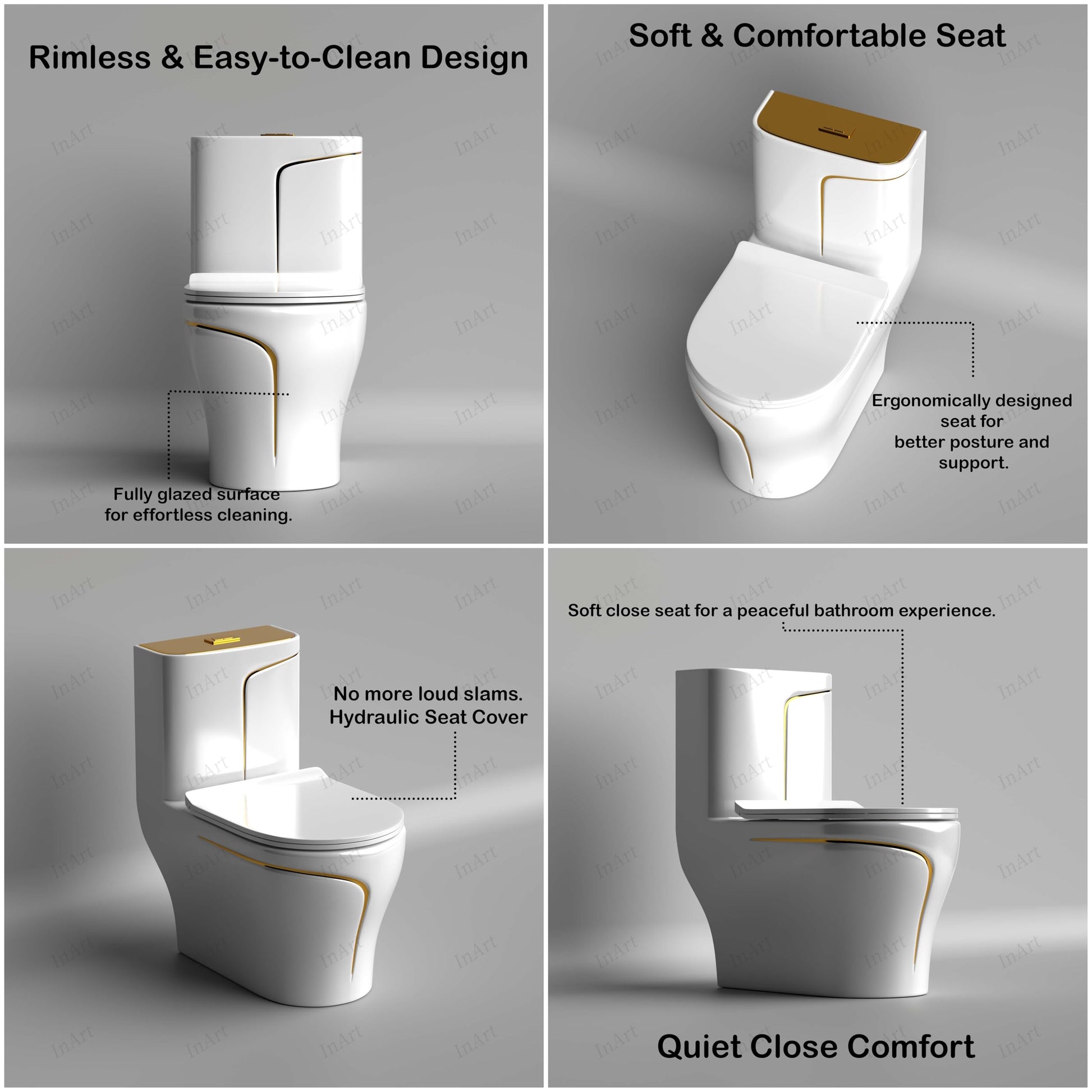 InArt single piece western toilet, front angle view of glossy white ceramic one piece commode with golden trim