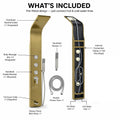 Gold shower column with tub spout, close-up of water outlet and brushed finish for luxury bathroom shower set