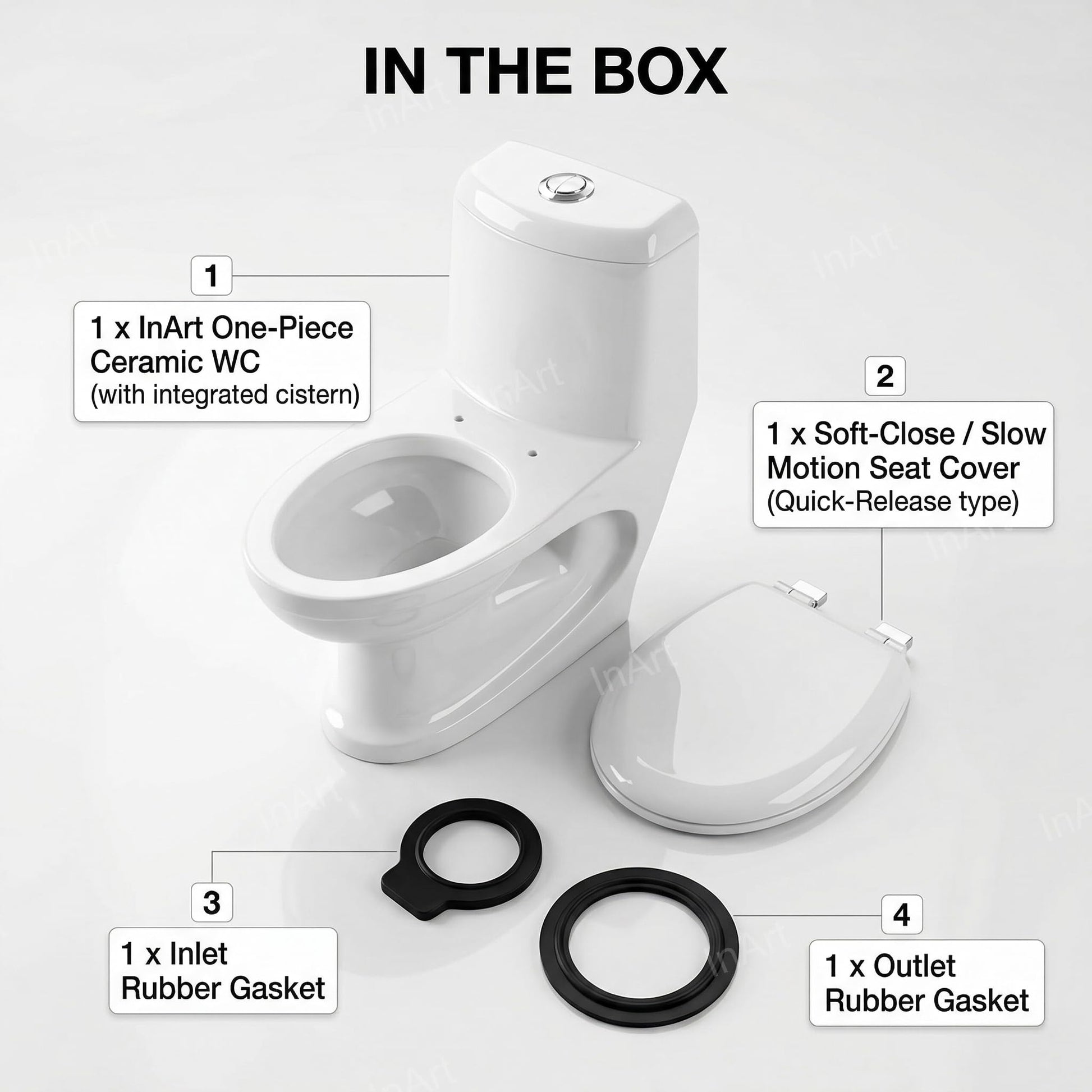 Compact floor mounted one piece closet in glossy white ceramic, modern square western commode for washroom
