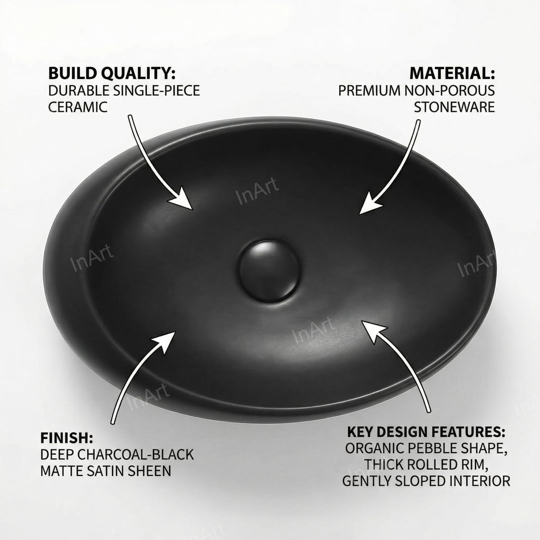 InArt ceramic rectangular table top wash basin price in India, matte black counter top basin front view
