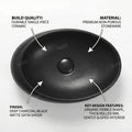 Matte black designer ceramic table top wash basin, rectangular counter top basin angled view for modern bathroom