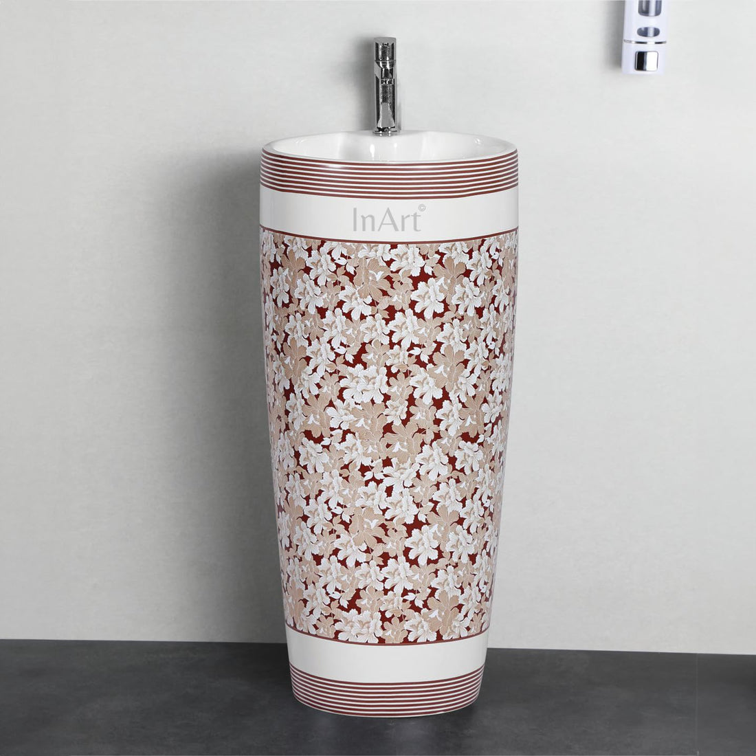 InArt ceramic round pedestal wash basin designs in floral brown glossy finish, one piece free standing basin