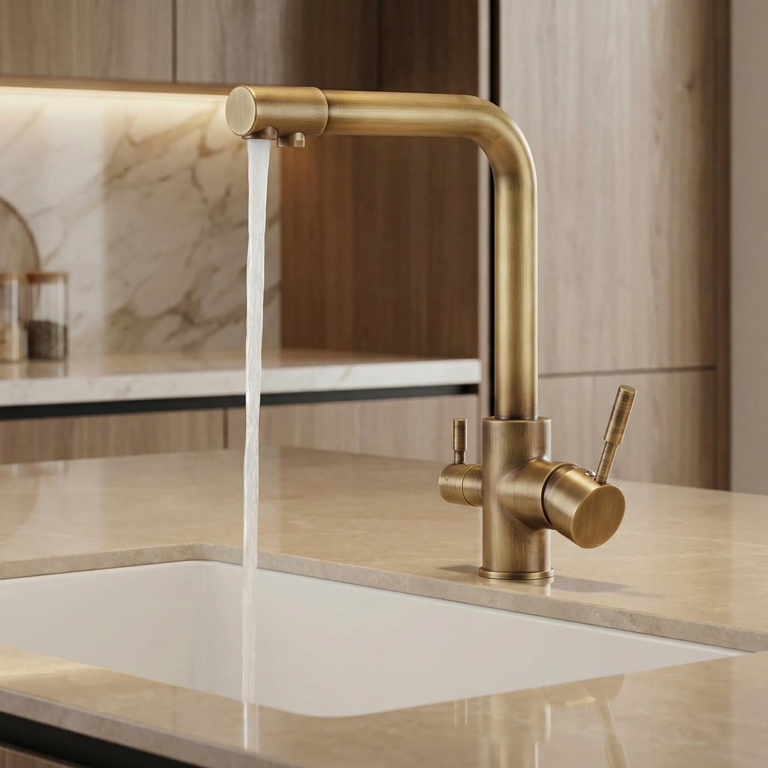 InArt goose neck mixer tap in antique brass with 360° swivel spout, deck mounted kitchen sink tap
