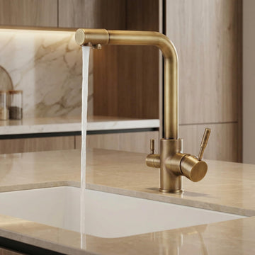 InArt water filters for sink tap, antique brass swan neck 3-way kitchen tap with dual lever, deck mounted