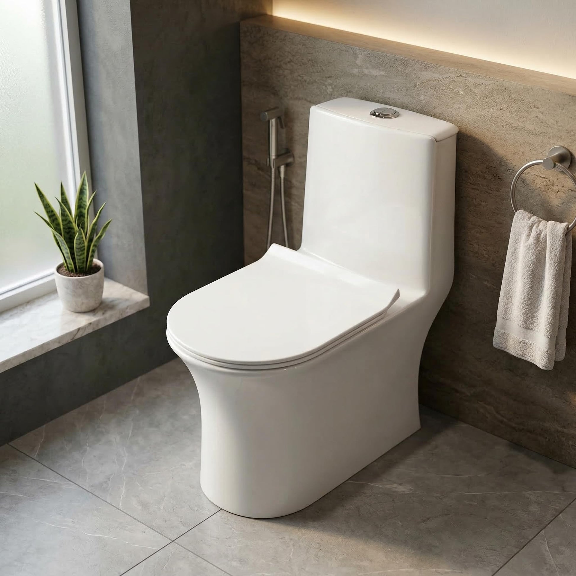 InArt ceramic floor mounted western toilet in glossy white, oval one-piece rimless commode front view