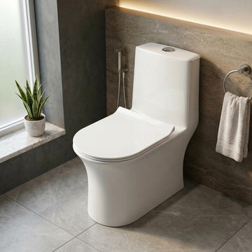 InArt ceramic floor mounted western toilet in glossy white, oval one-piece rimless commode front view