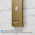 Hot and cold shower panel set with handheld shower and tub spout, side angle view in matte gold finish