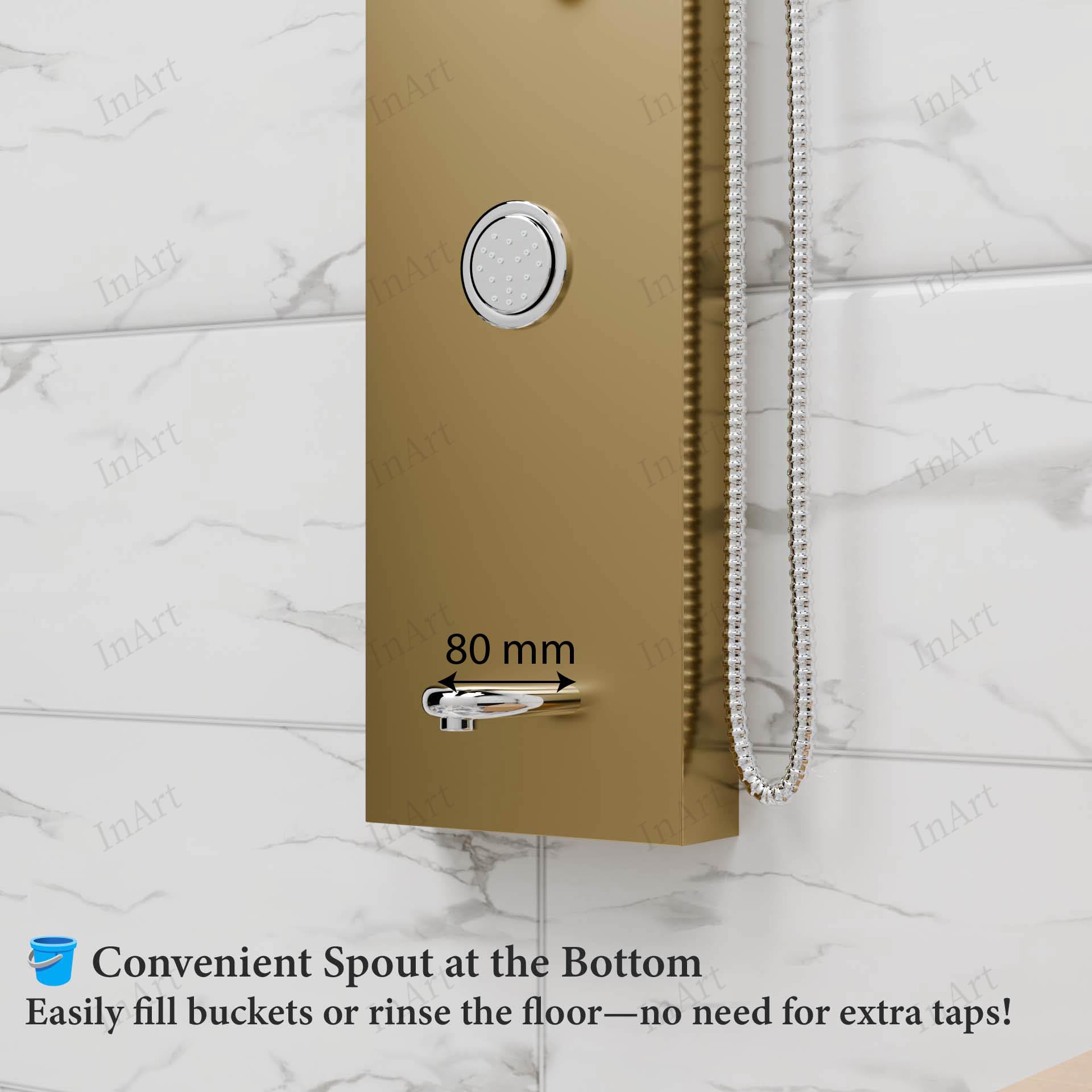 Hot and cold shower panel set with handheld shower and tub spout, side angle view in matte gold finish