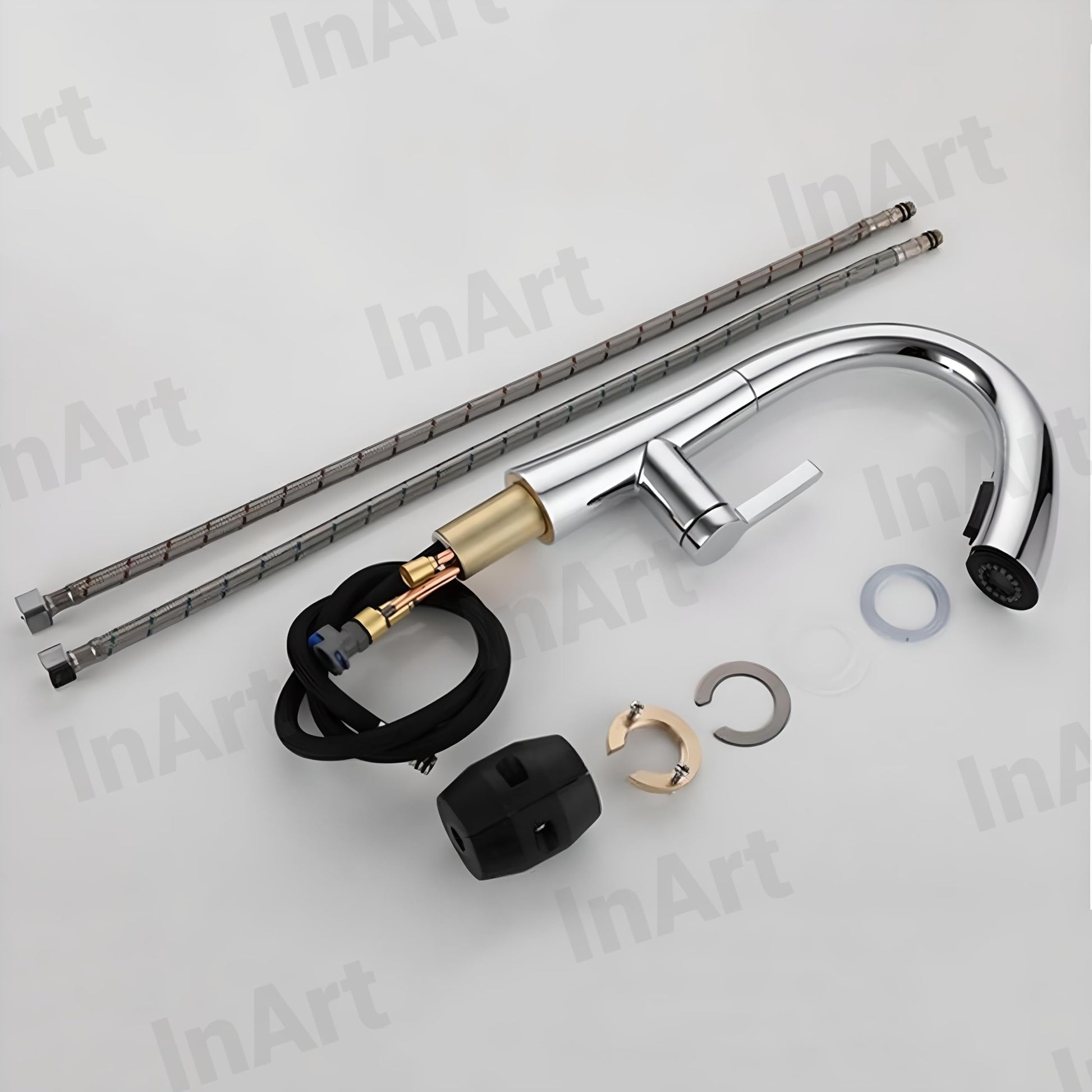 Kitchen tap with pull out spray showing pull down hose and sprayer modes, chrome brass sink mixer