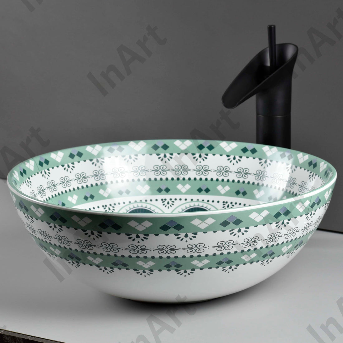 InArt ceramic table top wash basin design, round light blue modern bathroom sink, front view