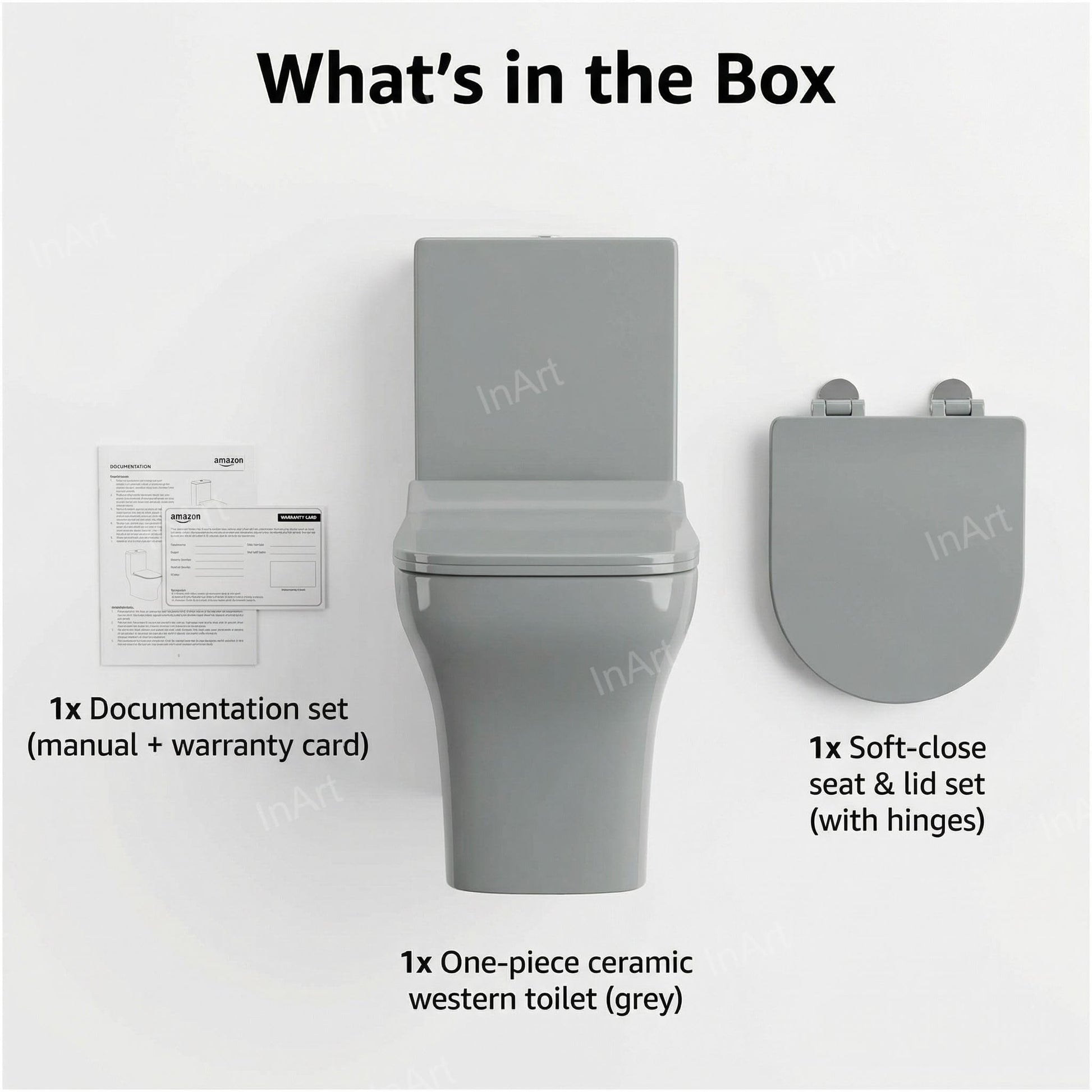 InArt one piece ceramic western toilet installed in modern bathroom, compact P-trap commode with dual flush