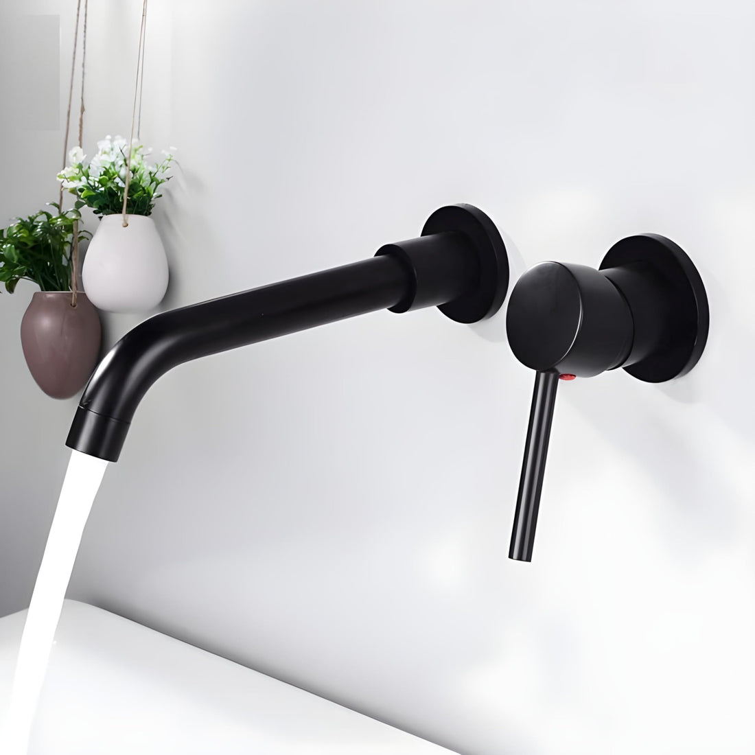 InArt wall tap mixer in matte black brass, wall mounted waterfall basin mixer tap with single lever