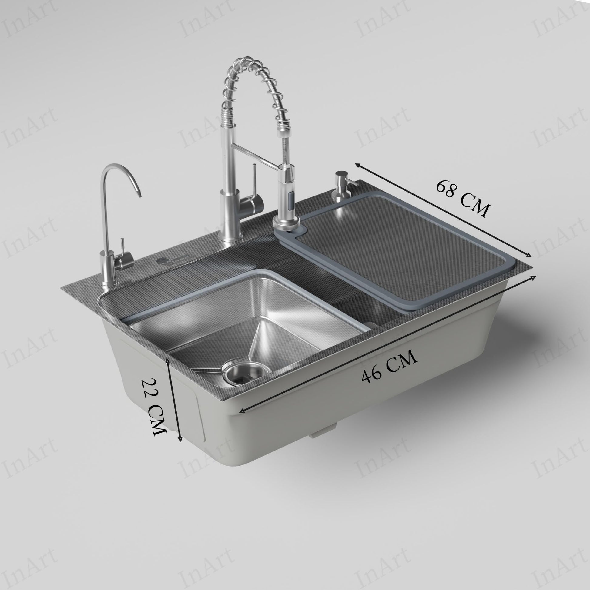 InArt stainless steel silver waterfall kitchen sink - installation diagram with dimensions and measurements