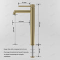 Close-up of InArt SS 304 brushed gold high neck basin tap spout and handle, premium finish for modern bathroom