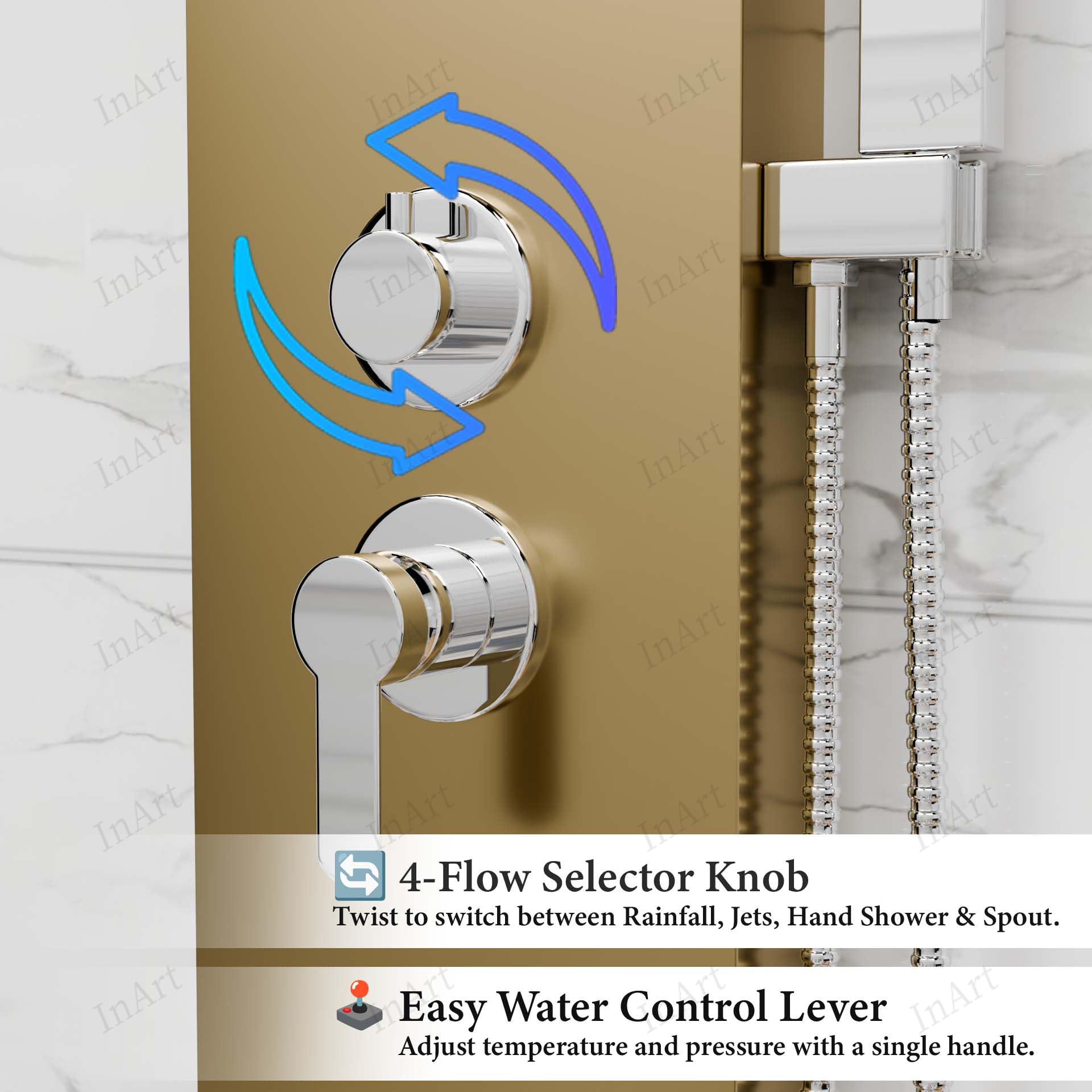 Modern bathroom shower panel set in matte gold, rainfall head and body jets for premium washroom upgrade
