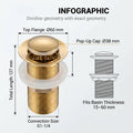 Gold pop up waste coupling showing threaded body length and detailing