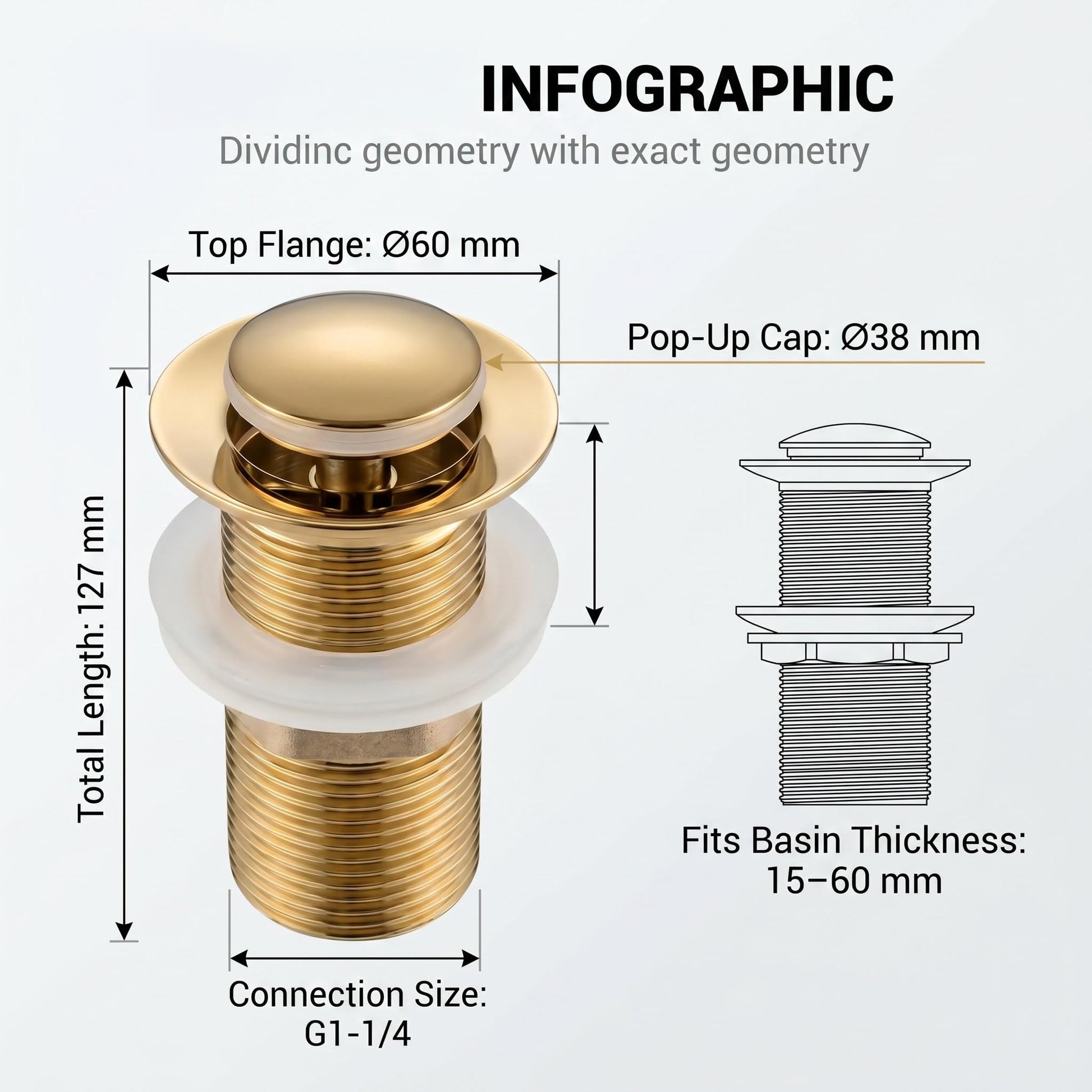 Gold pop up waste coupling showing threaded body length and detailing