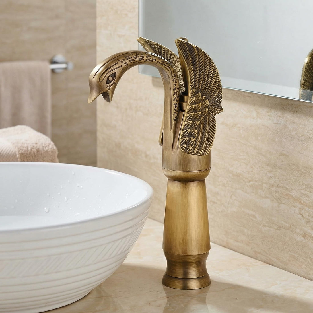 InArt single lever basin mixer in antique brass swan neck, tall body wash basin tap with hot and cold