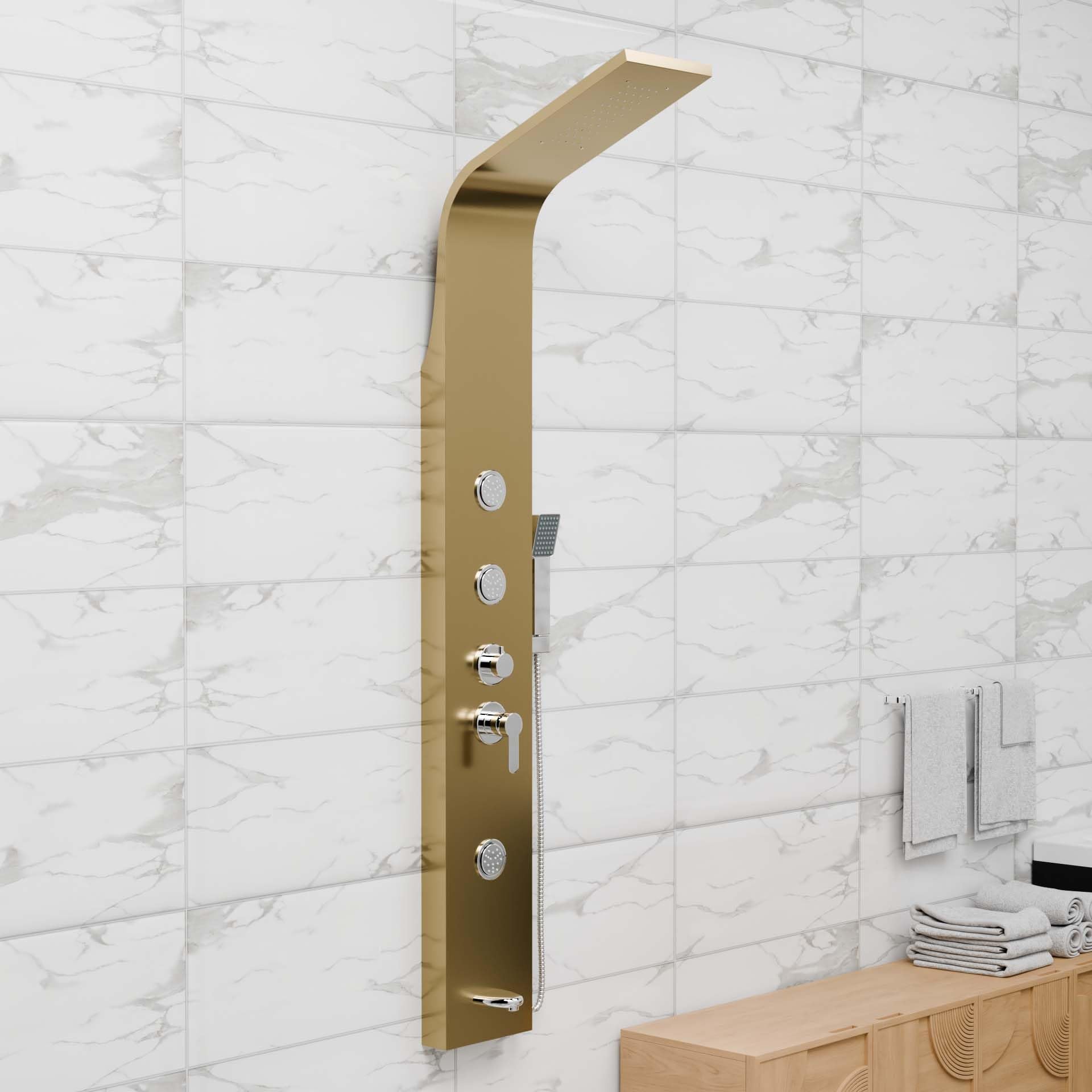 Blue ocean shower tower by InArt in gold brushed stainless steel, rectangular shower panel set front view