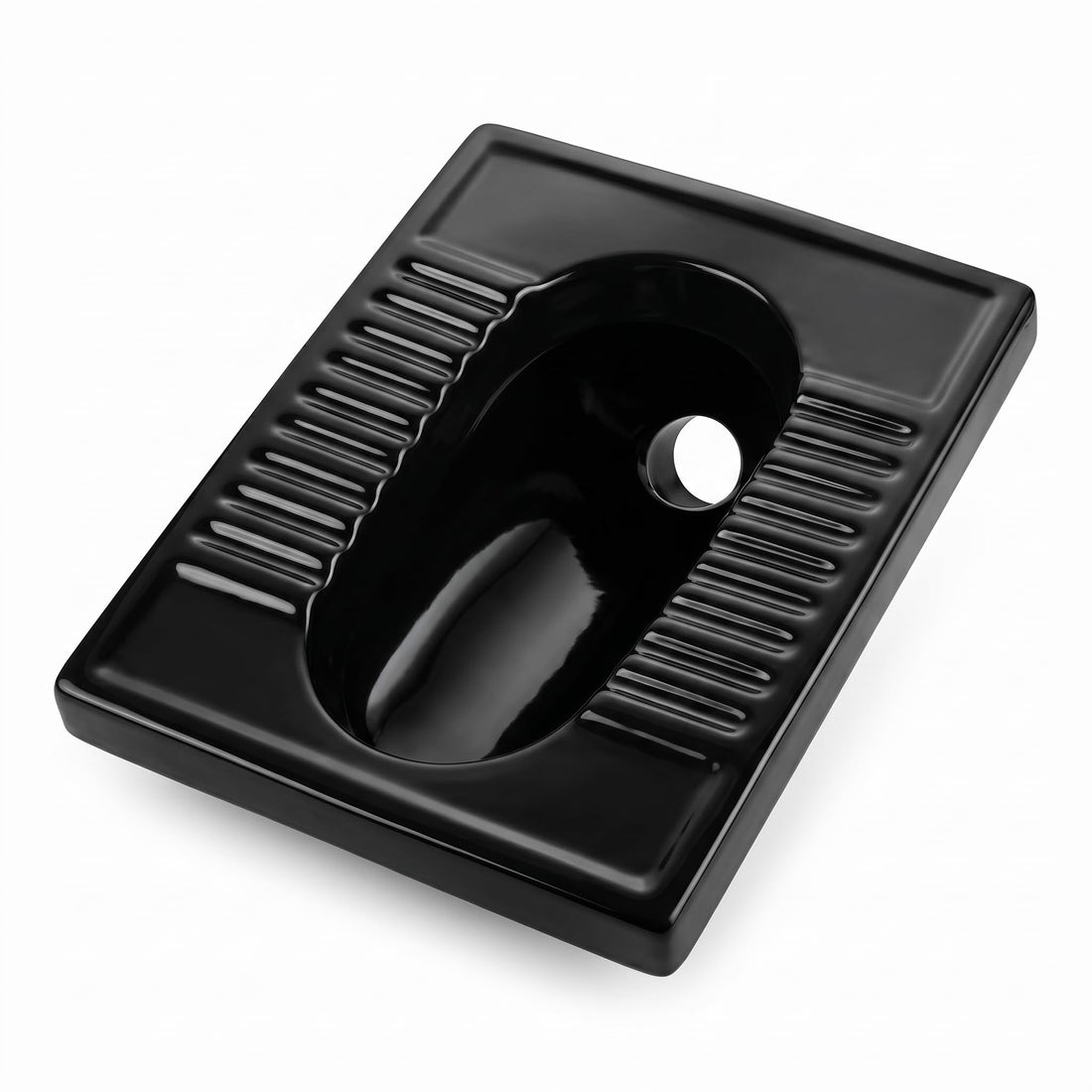 Black ceramic Orissa pan Indian style toilet 21 inch floor mounted view