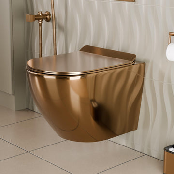 Hindware wall mounted commode style InArt rose gold ceramic oval rimless wall hung toilet, front view