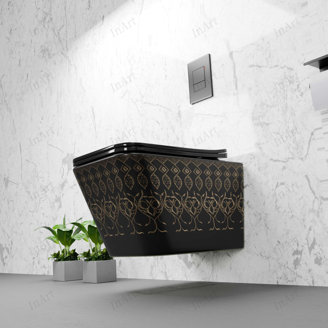 Hindware wall mounted commode style InArt rimless ceramic oval wall hung WC in black, front view
