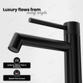 Long neck wash basin tap in SS 304 stainless steel, angled view for table top basin installation