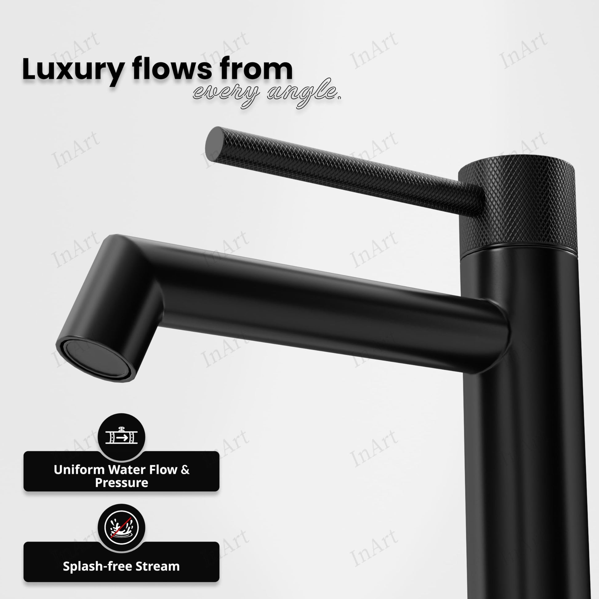Long neck wash basin tap in SS 304 stainless steel, angled view for table top basin installation