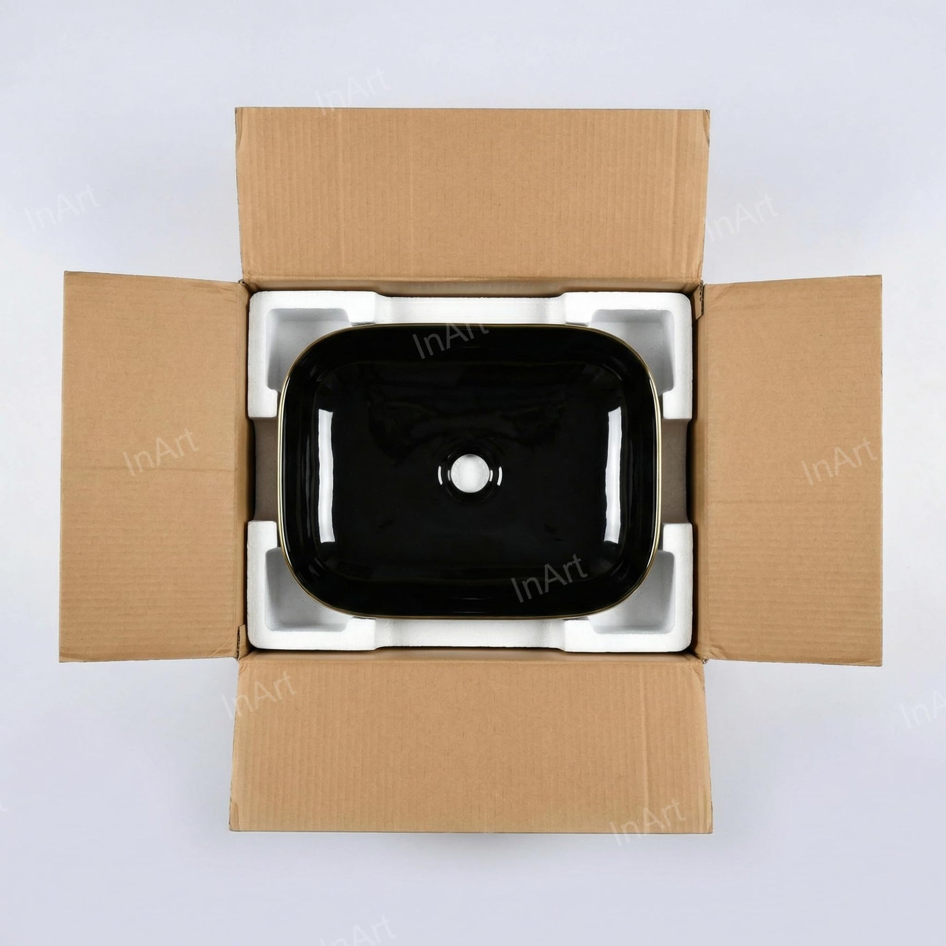 Luxury wash basin design ceramic in glossy black gold, modern minimalist bathroom basin for premium interiors