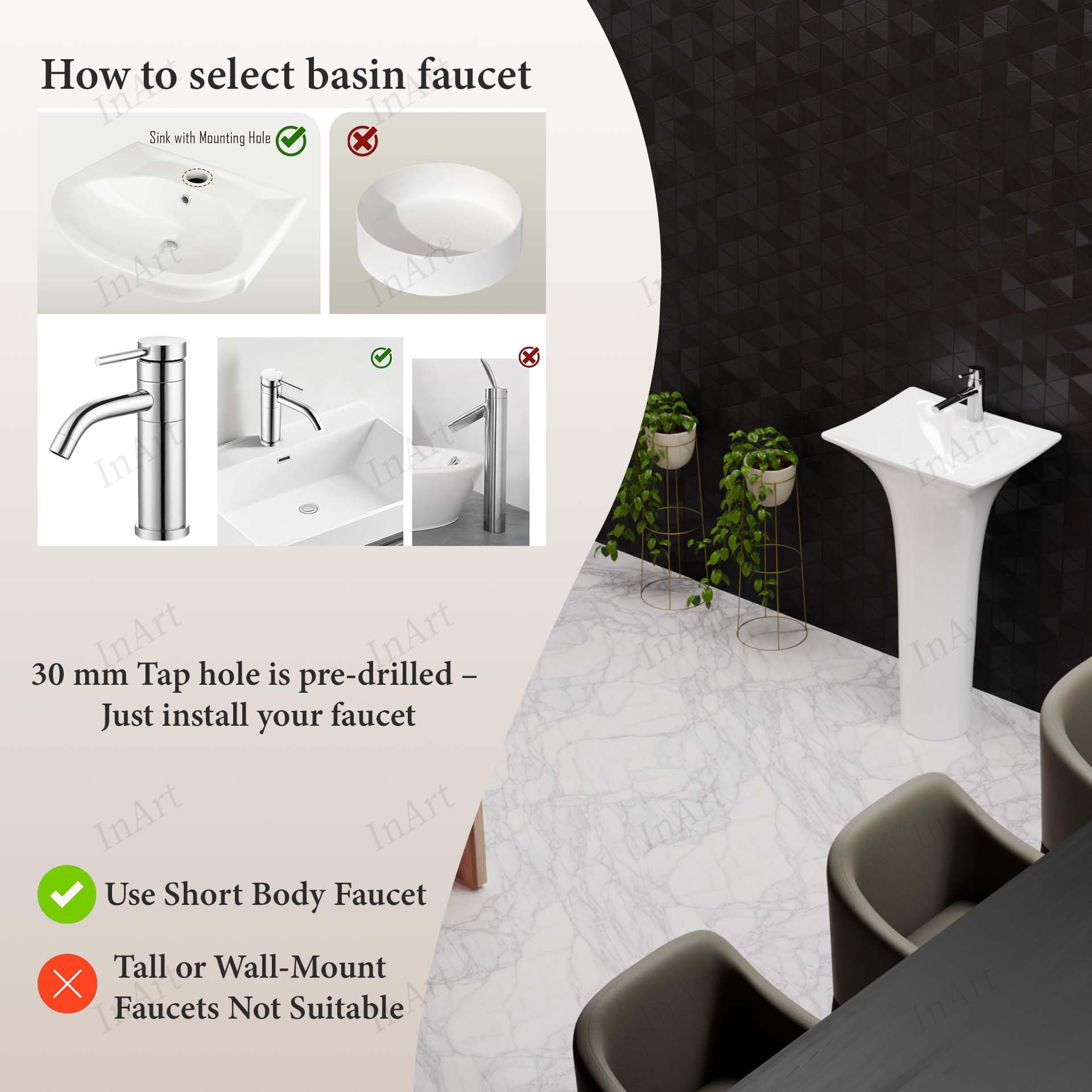 Ceramic pedestal wash hand basin with smooth glossy finish, rectangular bowl depth and rim close-up