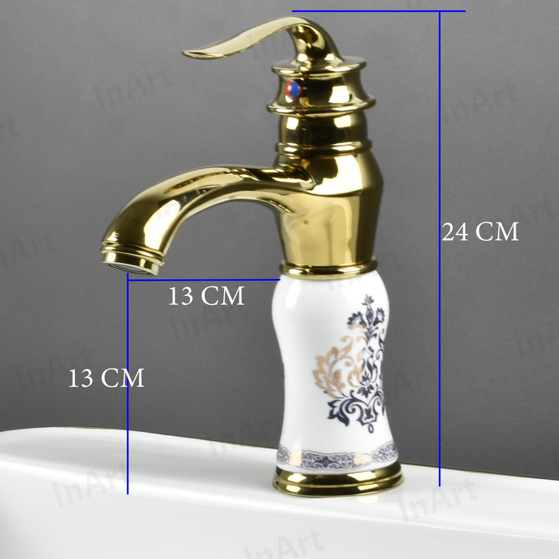 InArt single lever basin mixer tap in gold white finish, zinc alloy and ABS deck mount for wash basin