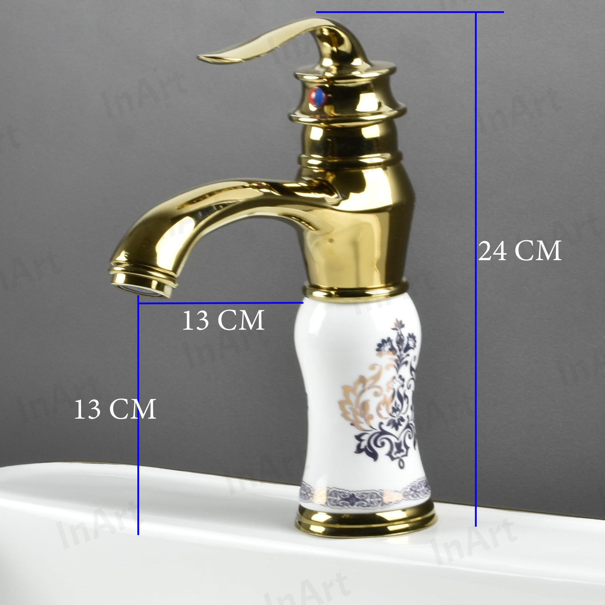 Gold white waterfall basin tap, side angle view of single handle wash basin mixer for hot and cold water
