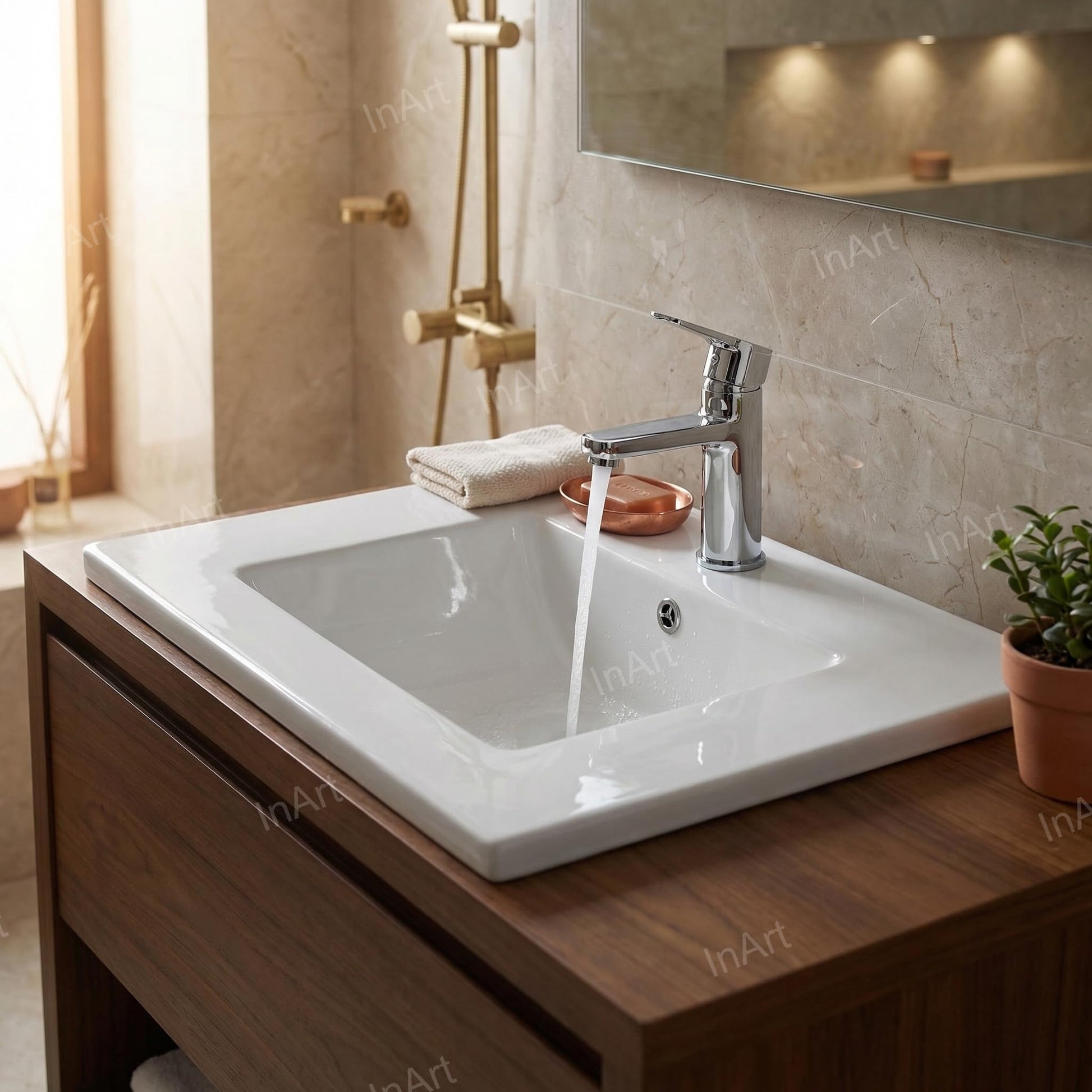 Glossy super white ceramic under counter wash basin with smooth rim and deep bowl, premium sanitaryware detail