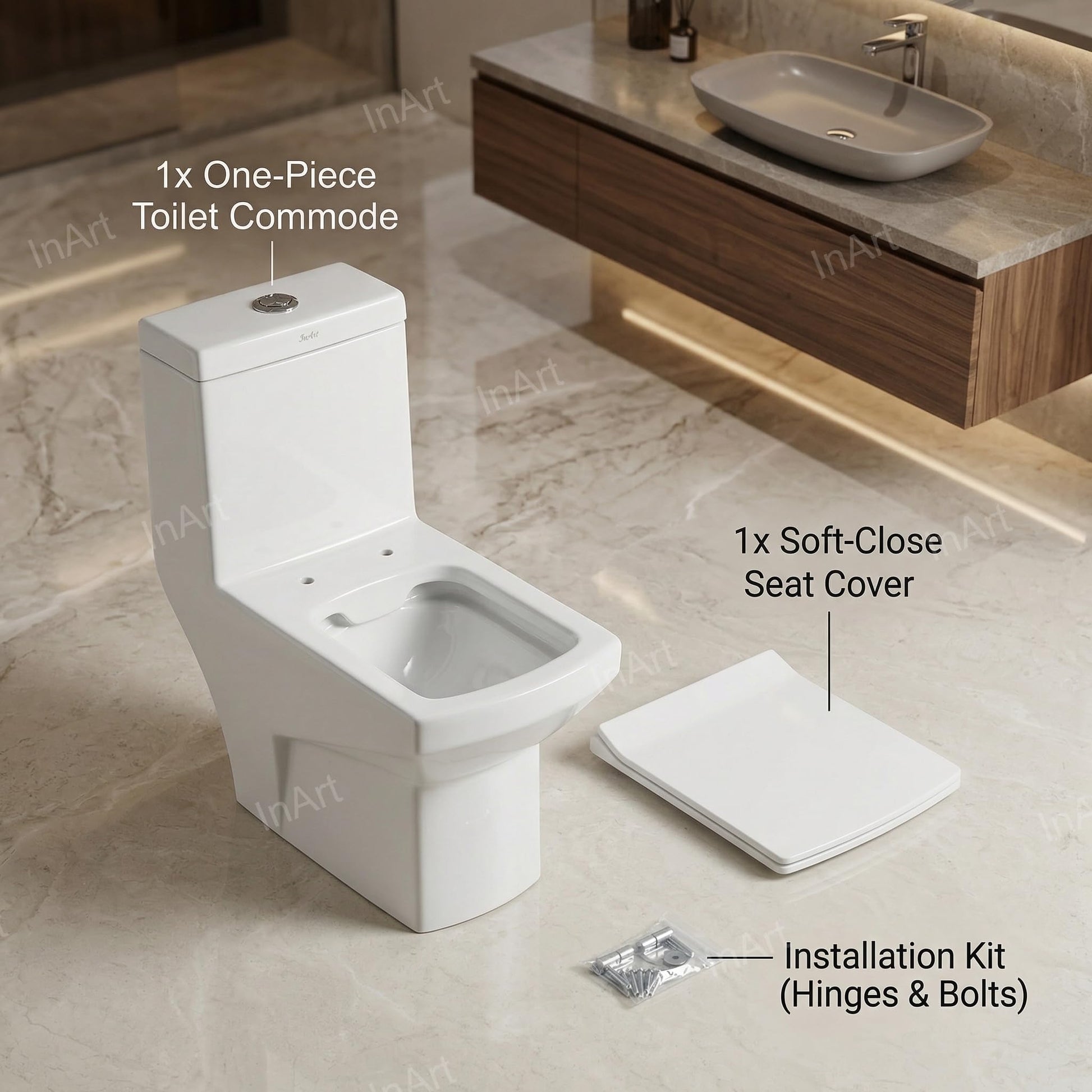 Single piece western toilet installed in modern Indian bathroom, floor mounted one-piece commode lifestyle view