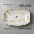 Designer counter top wash basin in onyx marble look, oval ceramic basin angled view