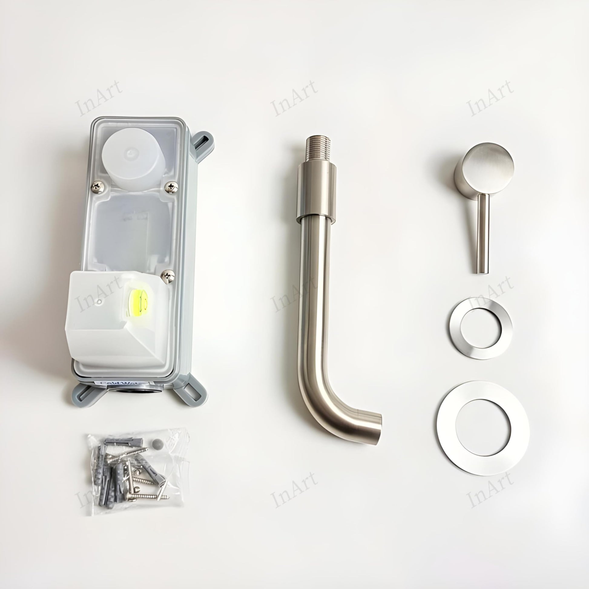 Basin tap wall mounted in brushed nickel, top view of single lever wall mixer and waterfall outlet