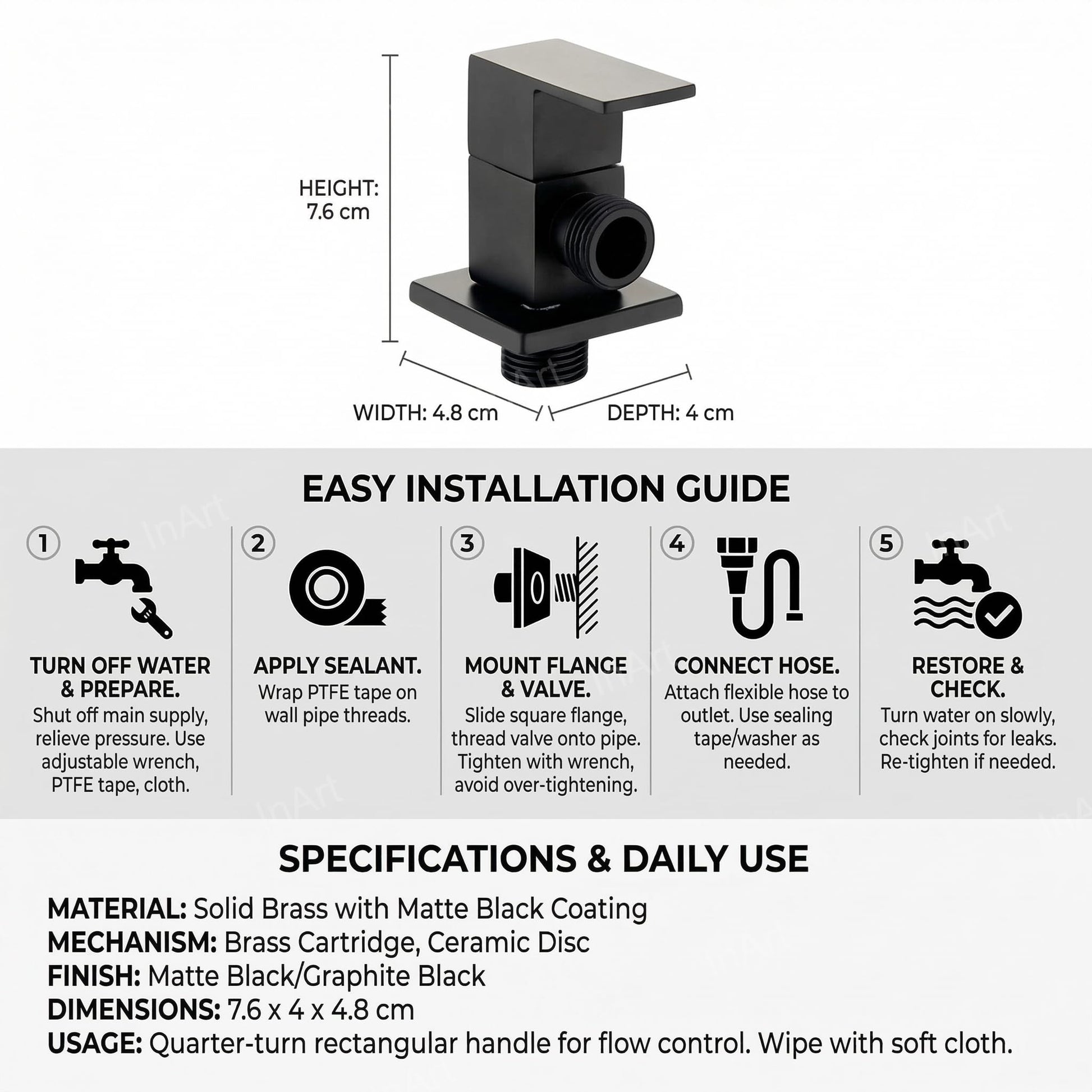 Kitchen angle valve for sink tap, matte black brass wall mounted angle valve with flange, outlet detail