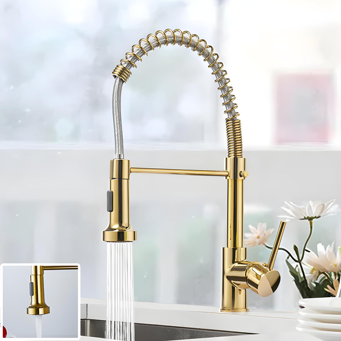 InArt kitchen faucet with sprayer, brass high arc spring pull out sink tap in gold finish