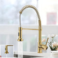 InArt kitchen faucet with sprayer, brass high arc spring pull out sink tap in gold finish