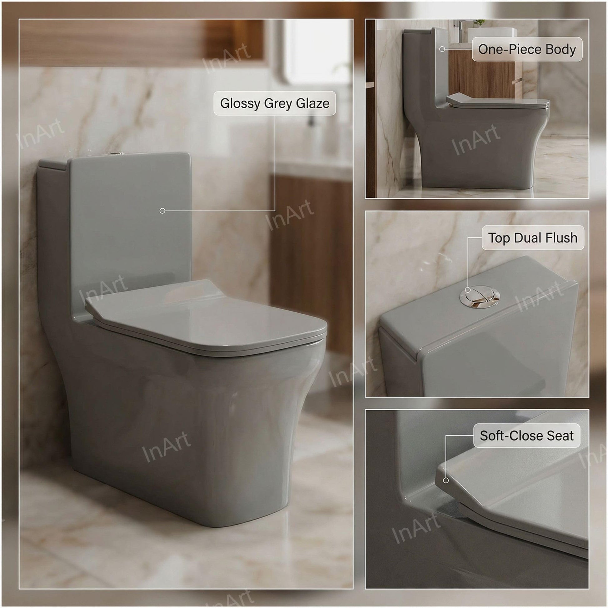 Compact western toilet for small bathroom, grey washdown commode with dual flush, 3/4 angle view