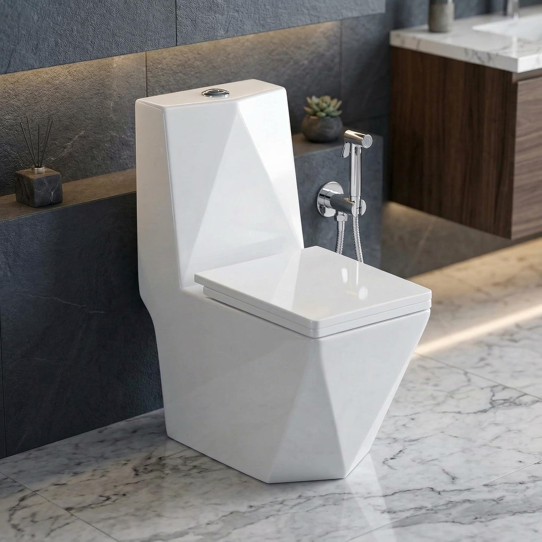 InArt one piece water closet price ceramic square western toilet commode in glossy white, front view