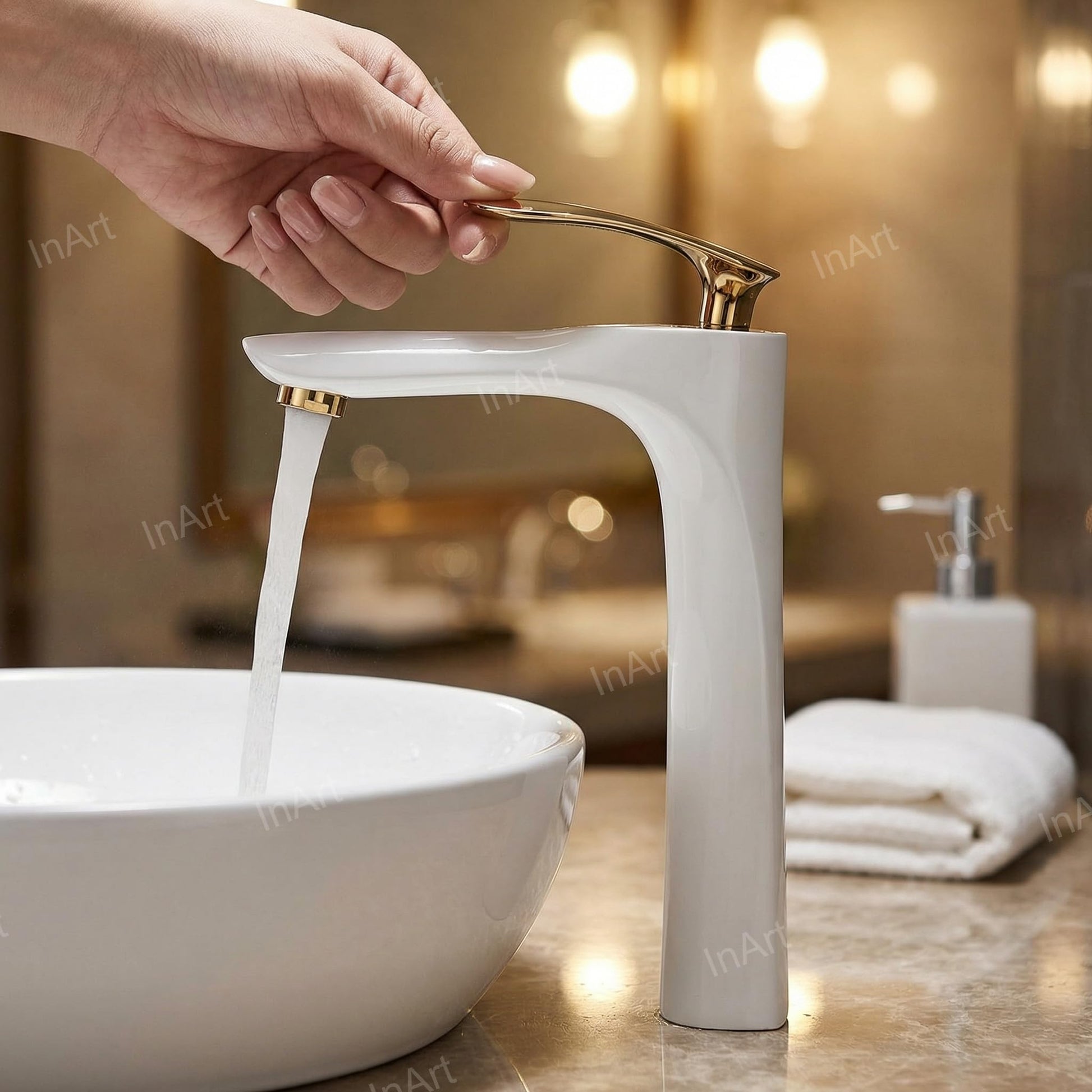 Close-up of InArt basin mixer handle and spout in white gold, hot and cold water tap for wash basin
