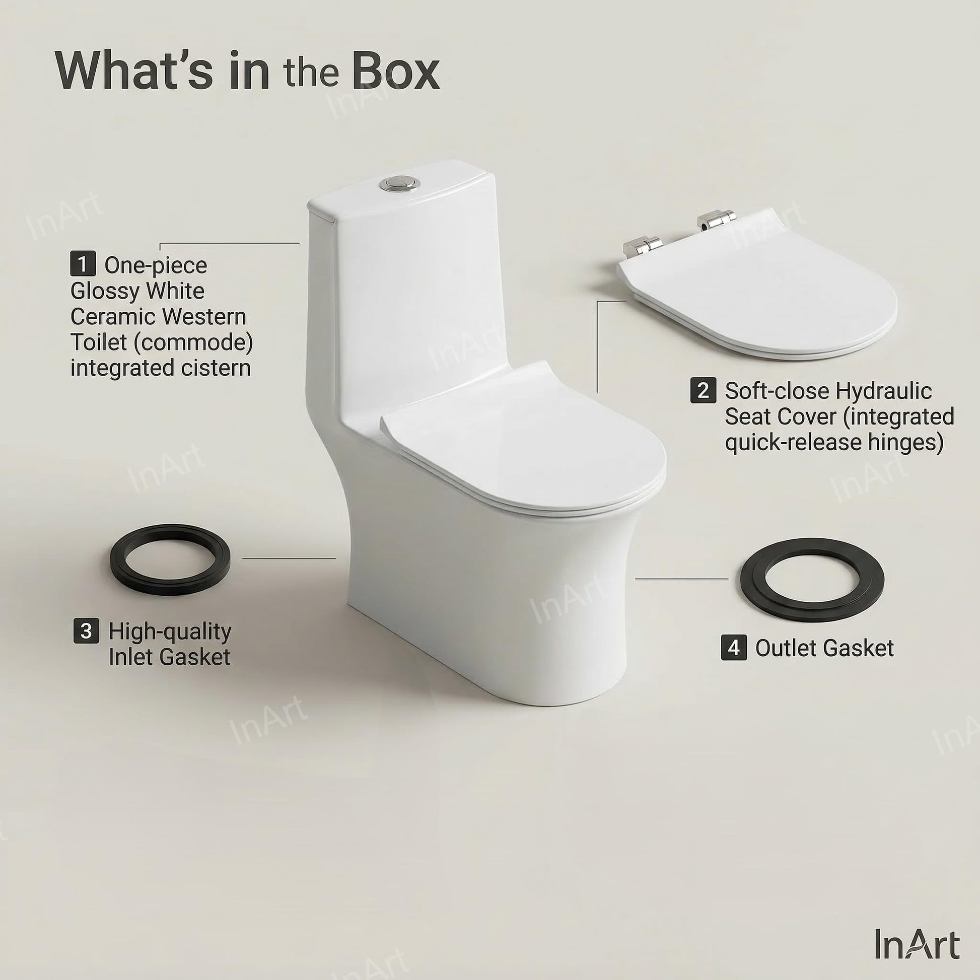 InArt ceramic one piece commode toilet with 10 years warranty, sleek oval western toilet in glossy white
